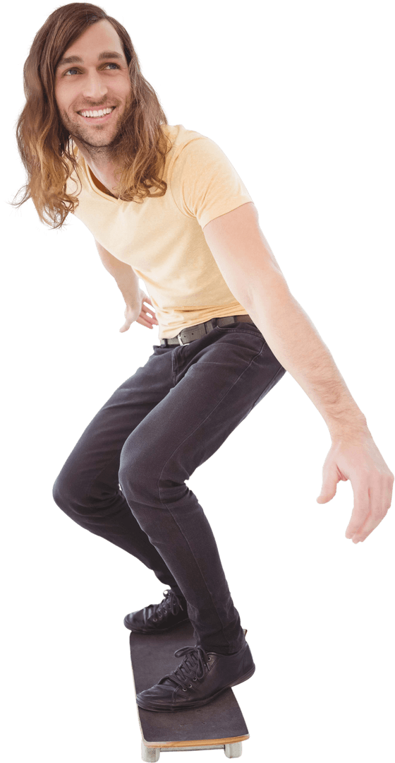 Transparent Long-Haired Man Riding Skateboard Wearing Casual Attire