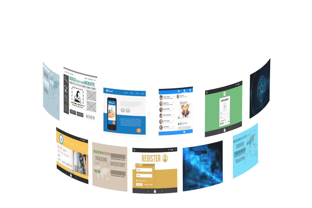 Fanned Digital Screens on Transparent Background Illustrating Internet Connectivity