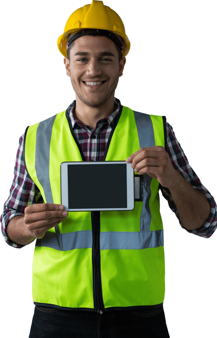 Happy Construction Worker with Tablet on Transparent Background