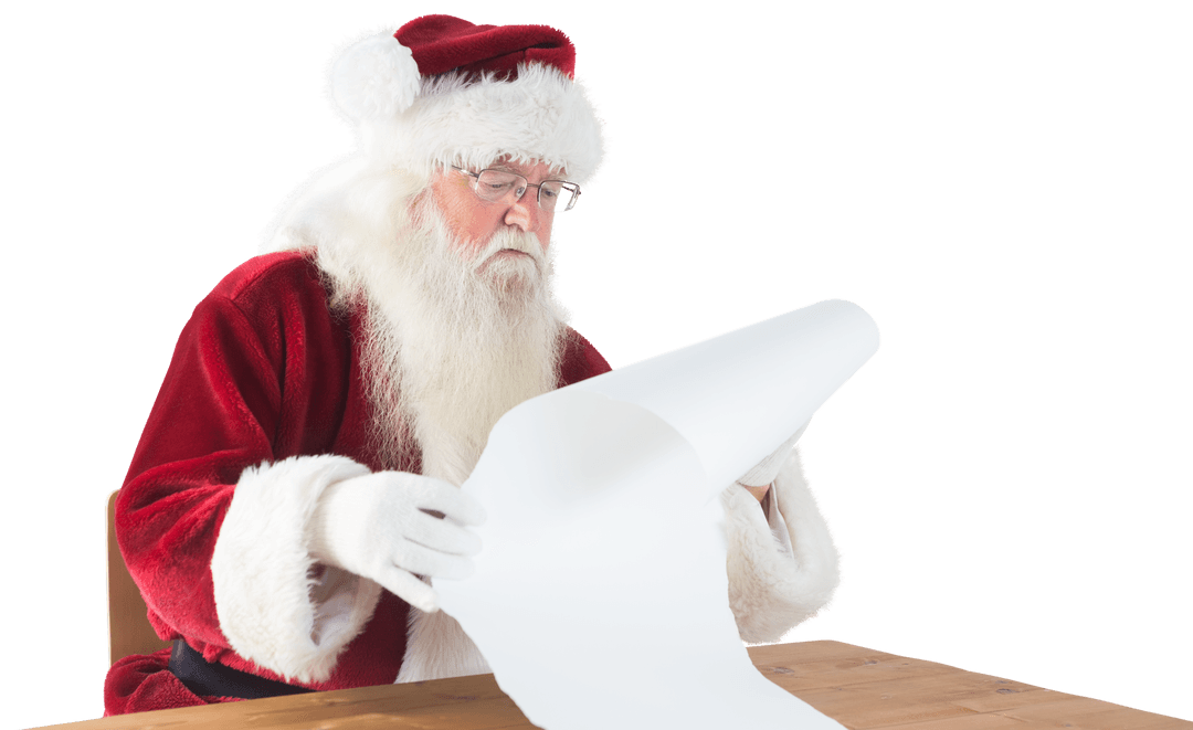 Santa Studying Long Scroll List Transparent Background