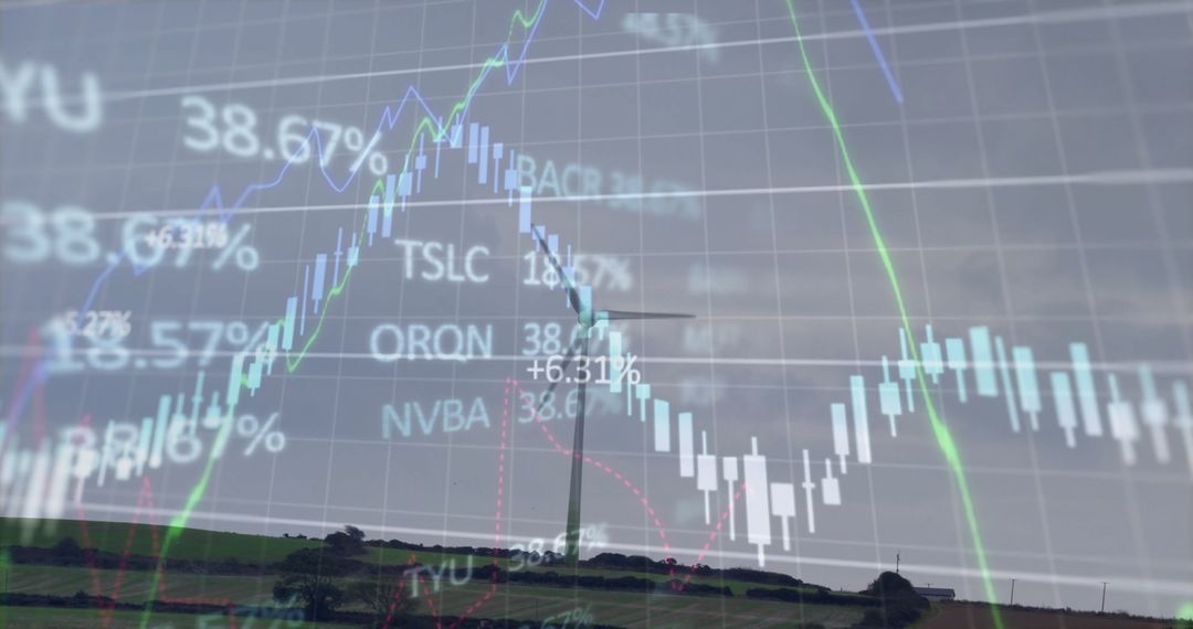 Wind Turbine with Stock Market Overlay Reflecting Sustainable Energy Insights