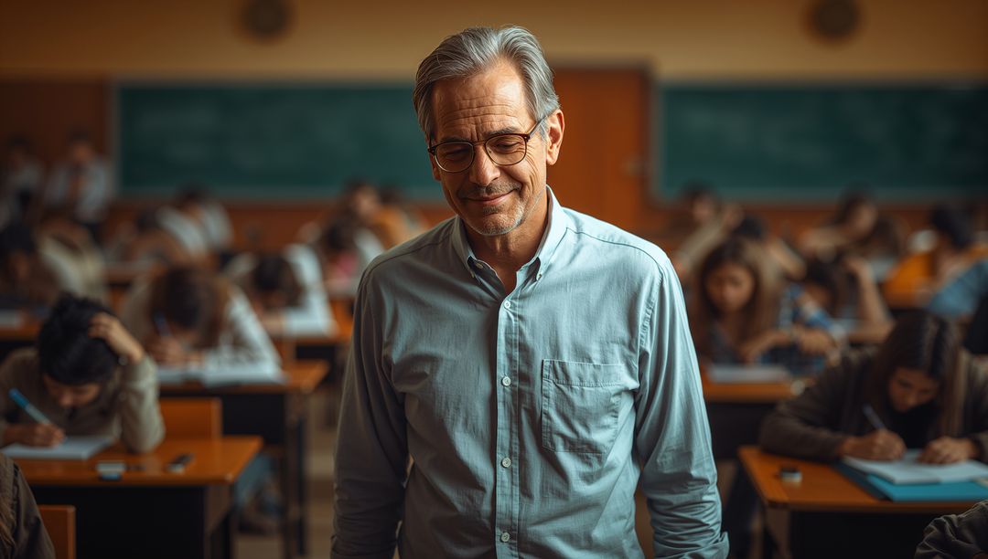 Experienced Teacher Overseeing Students in Bright Classroom Setting