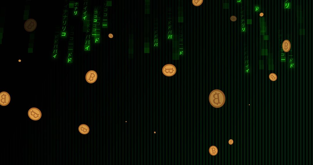 Falling Bitcoins on Digital Matrix Background