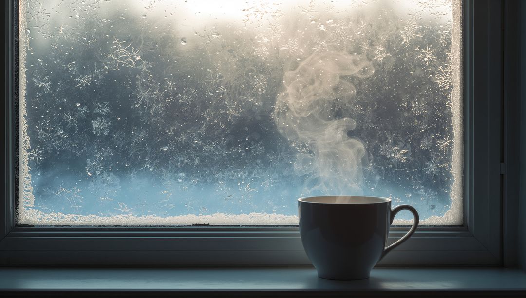 Steaming Ceramic Mug on Frosted Window Sill with Ice Crystal Patterns Cozy Warm Morning