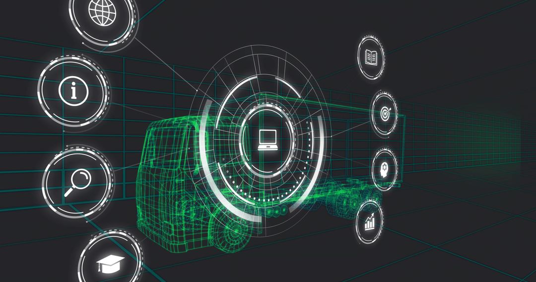 Wireframe Truck in Neon 3D Grid with Holographic Laptop HUD for Logistics Telemetry