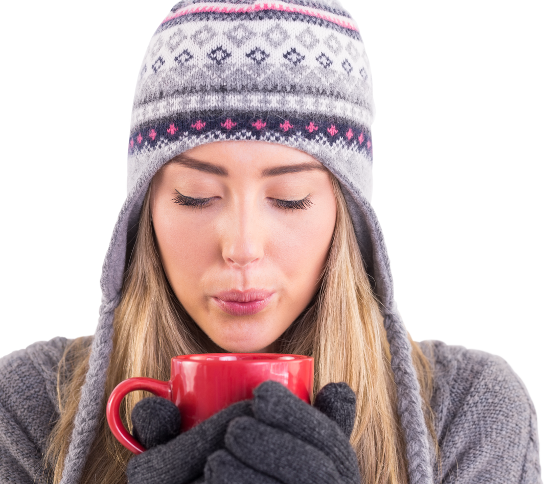 Transparent Woman in Winter Hat Holding Red Mug in Hands - Download Free Stock Images Pikwizard.com