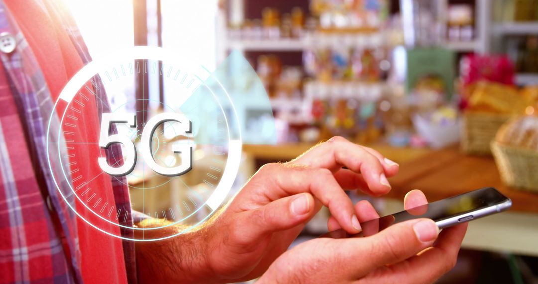 Man Using Smartphone in Grocery Store with 5G Technology