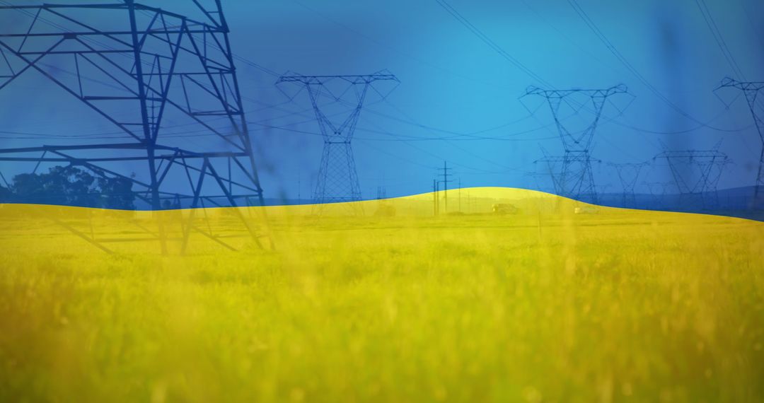 Ukrainian Flag Overlay on Field with Electricity Poles