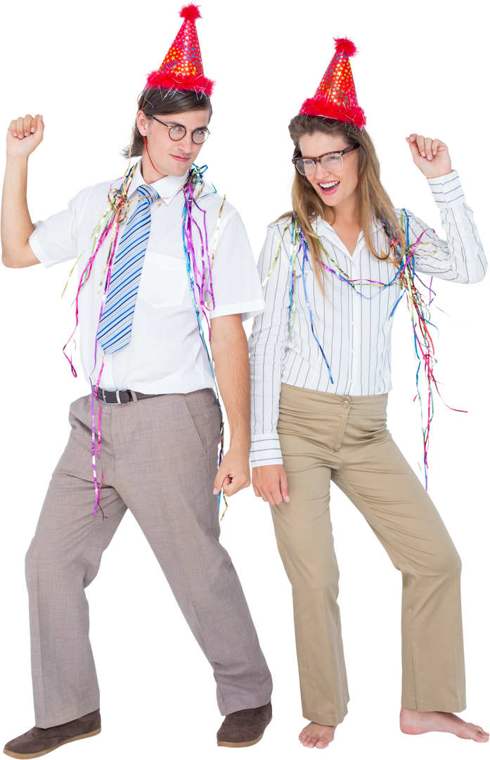 Geeky Couple Dancing in Funny Party Hats on Transparent Background - Download Free Stock Images Pikwizard.com