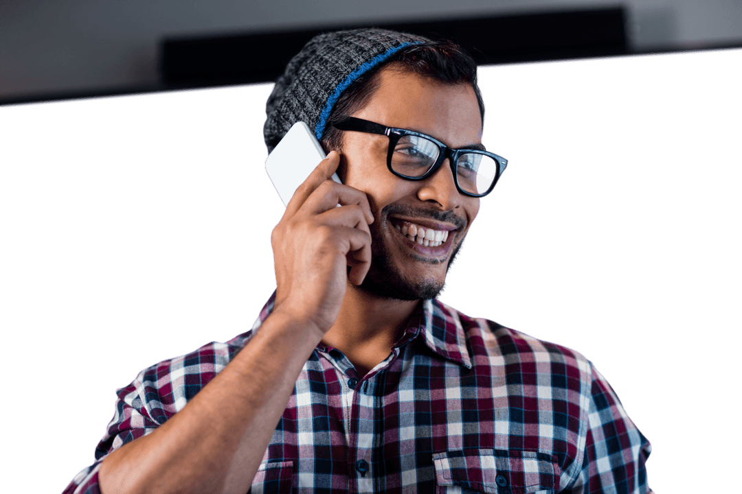 Smiling Man Wearing Plaid Shirt With Smartphone on Transparent Background