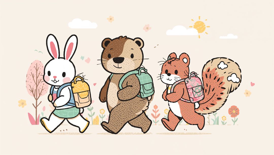 Whimsical Animal Friends Walking with Backpacks in Meadow