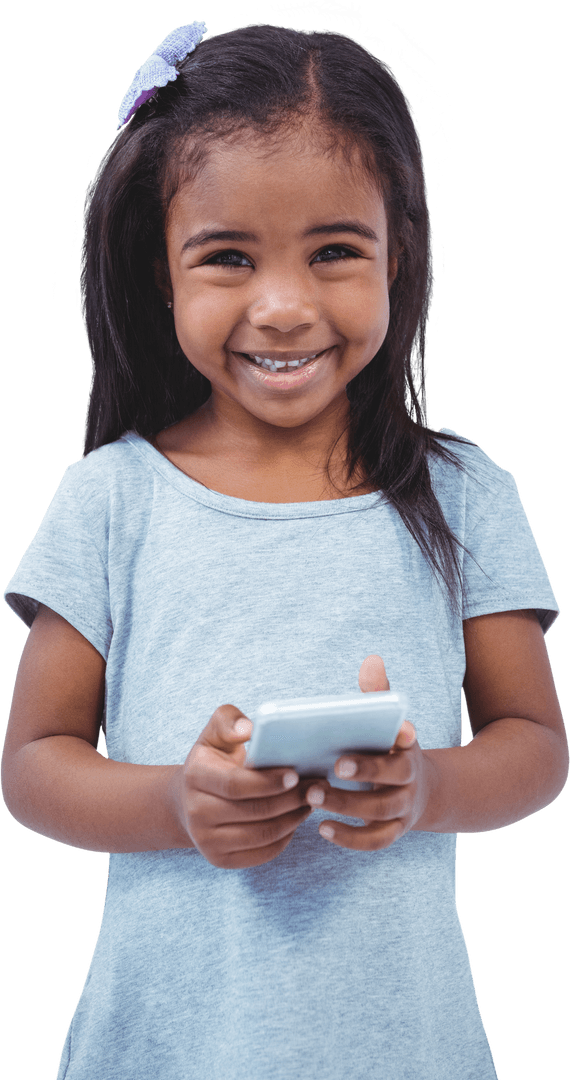 Smiling Young Girl Holding Smartphone on Transparent Background