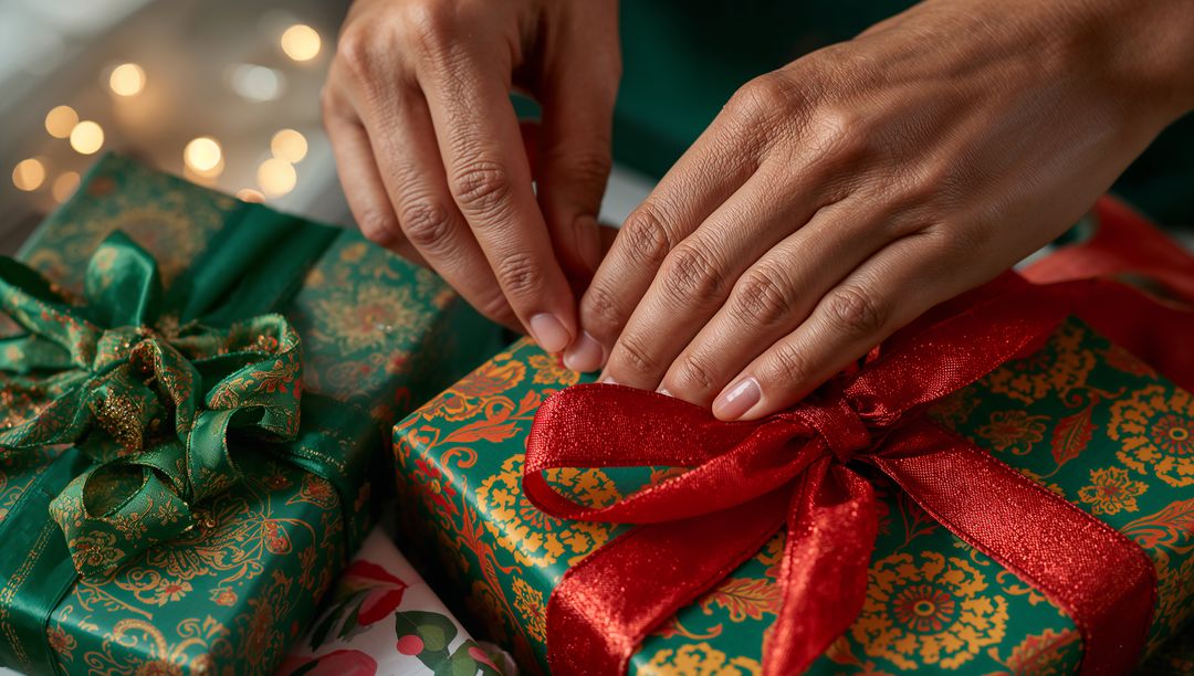 Hands Tying Red Ribbon on Green Gold Gift Box Close-Up with Warm Bokeh Holiday Wrapping