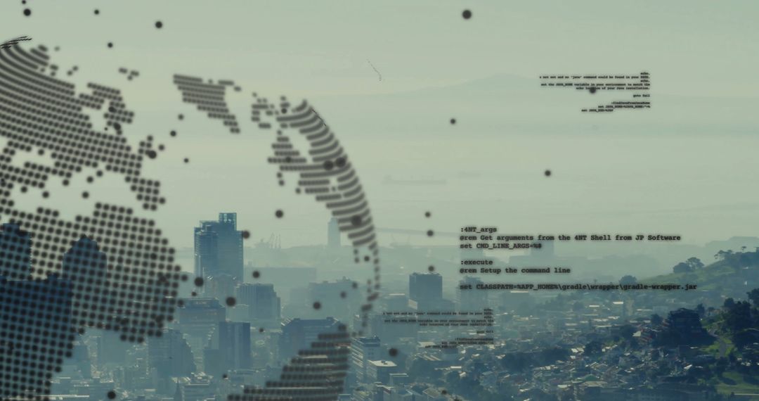Futuristic Digital Globe with Urban Skyline and Code Overlays