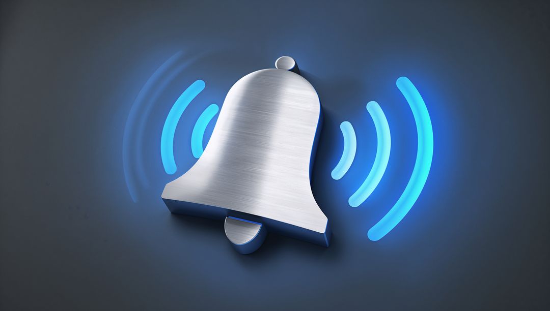 3D Metallic Notification Bell Emitting Neon Blue Sound Waves for App Alerts