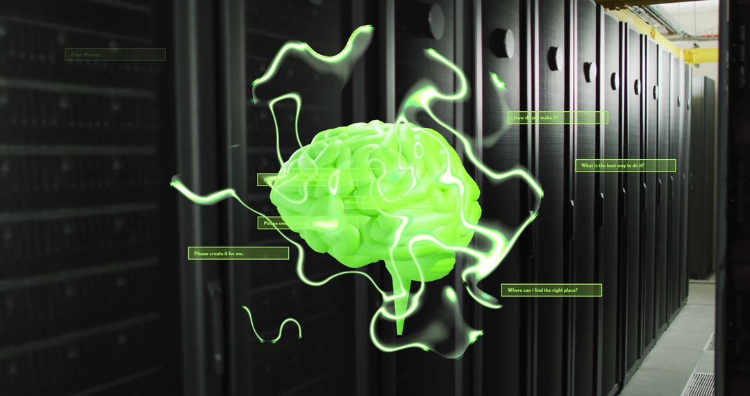 AI Brain Visualization Over Row of Data Servers