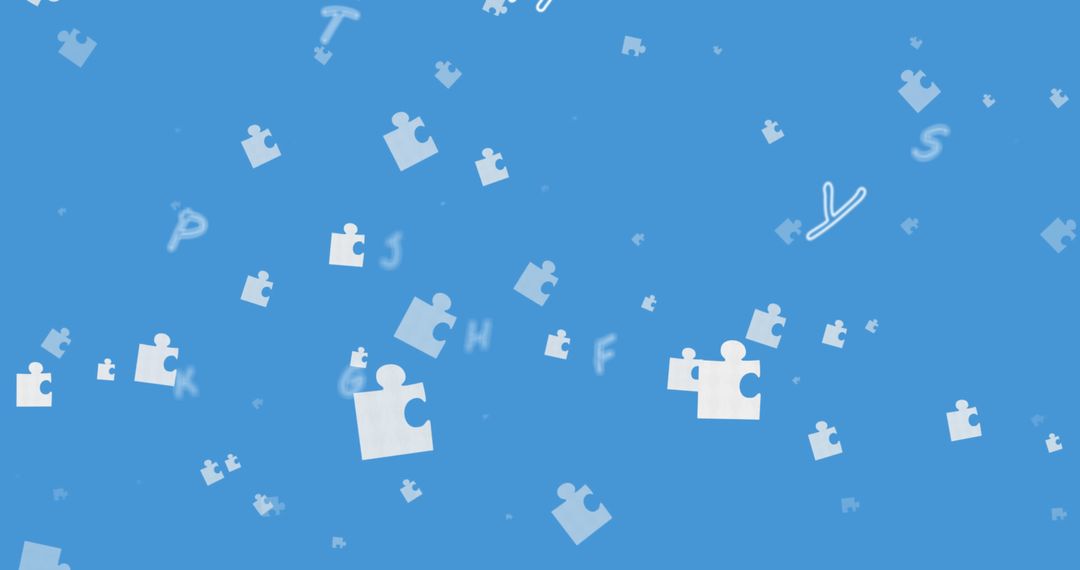 Floating Puzzle Pieces and Letters on Blue Background