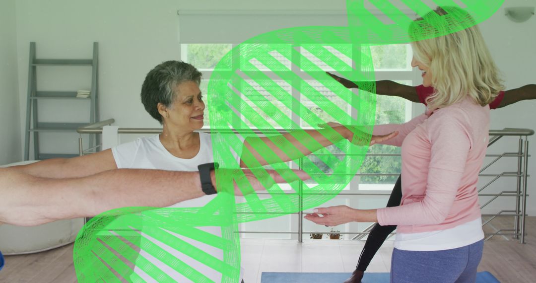 Diverse Seniors Exercising with Digital DNA Overlay