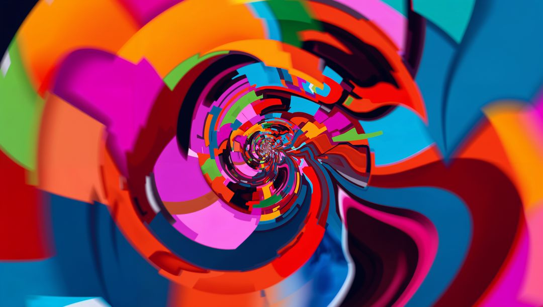 Swirling Kaleidoscopic Spiral Pulling Vivid Color Bands and Angular Geometric Shards Inward
