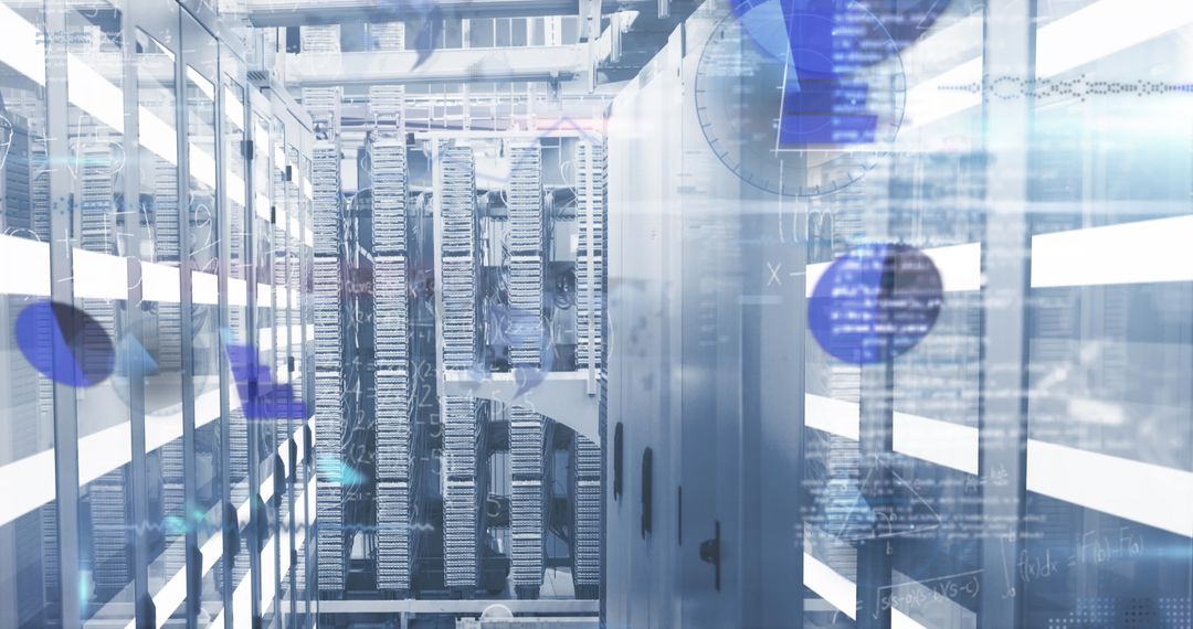 Futuristic Digital Data Processing in High-Tech Server Room
