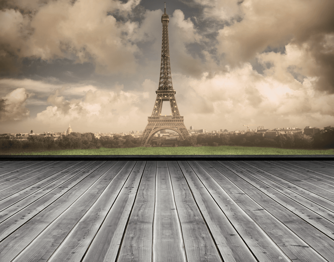 Eiffel Tower Transparent Asia Mockup with Abstract Wooden Desk