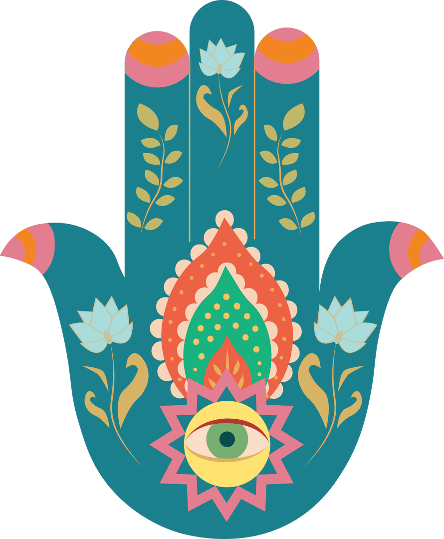 Colorful Hamsa with Eye Motif on Transparent Background