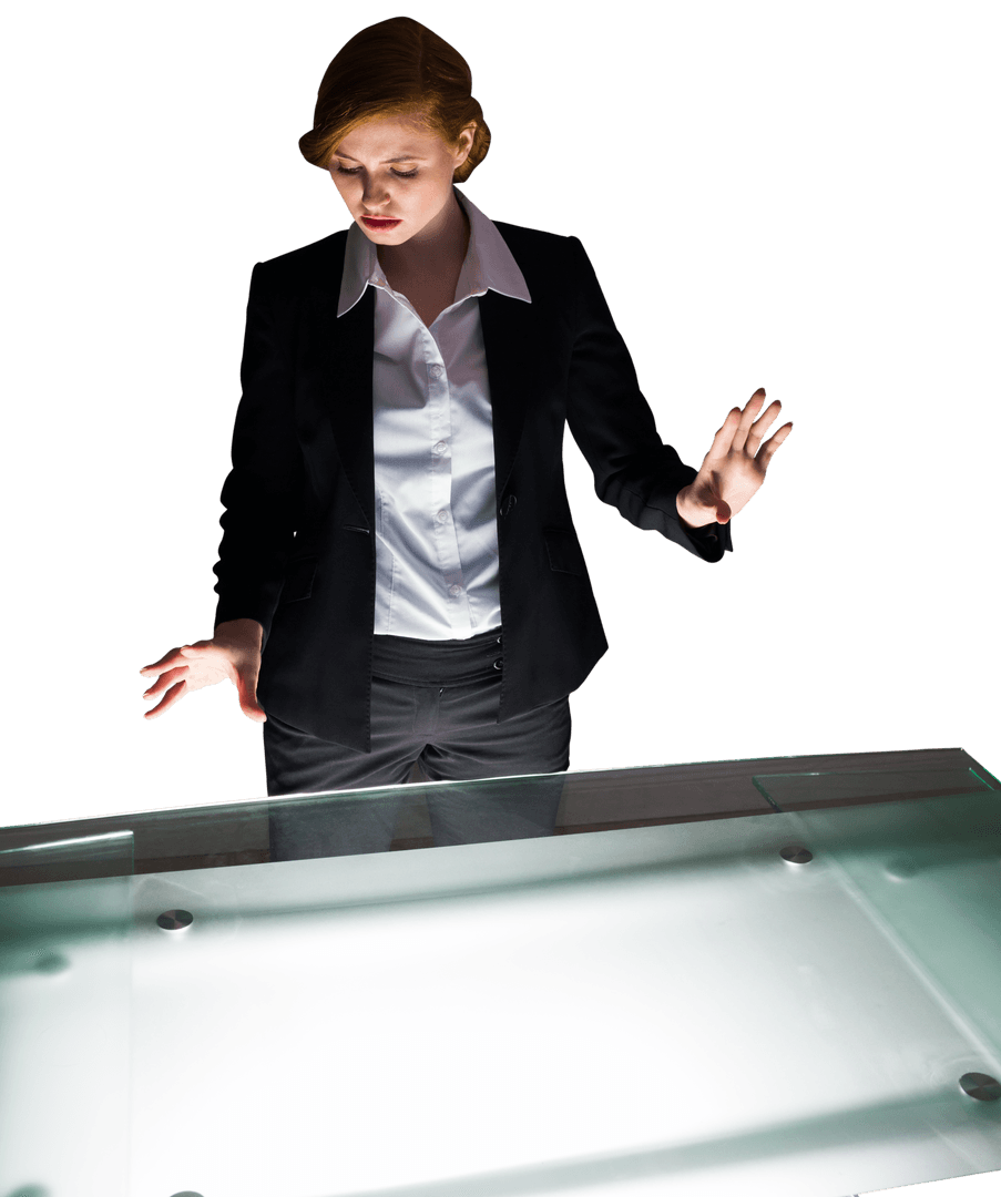Transparent Businesswoman Reviewing Documents on Modern Table