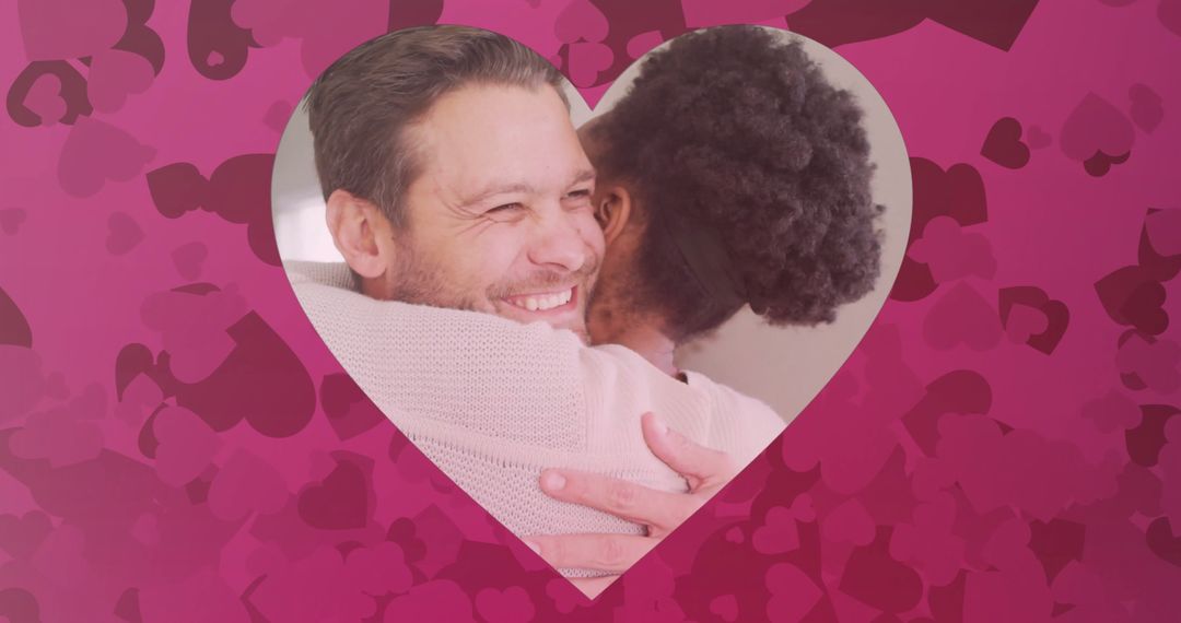 Diverse Couple Embracing in Heart Overlay for Love and Unity