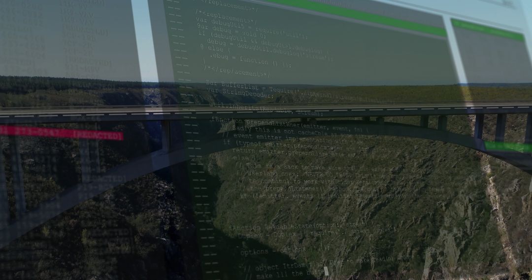 Futuristic Code Overlay on Scenic Bridge Landscape