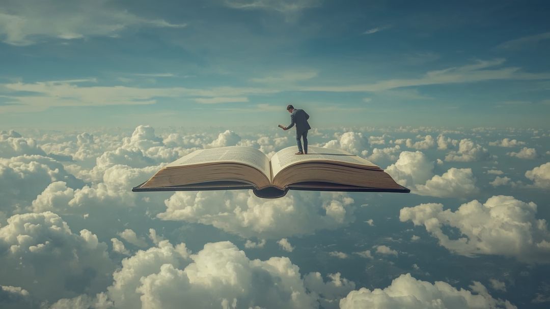 Businessman Reading Book Above Clouds in Surreal Fantasy Setting
