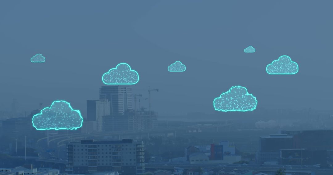 Digital Clouds Hovering Over Cityscape Representing Cloud Computing