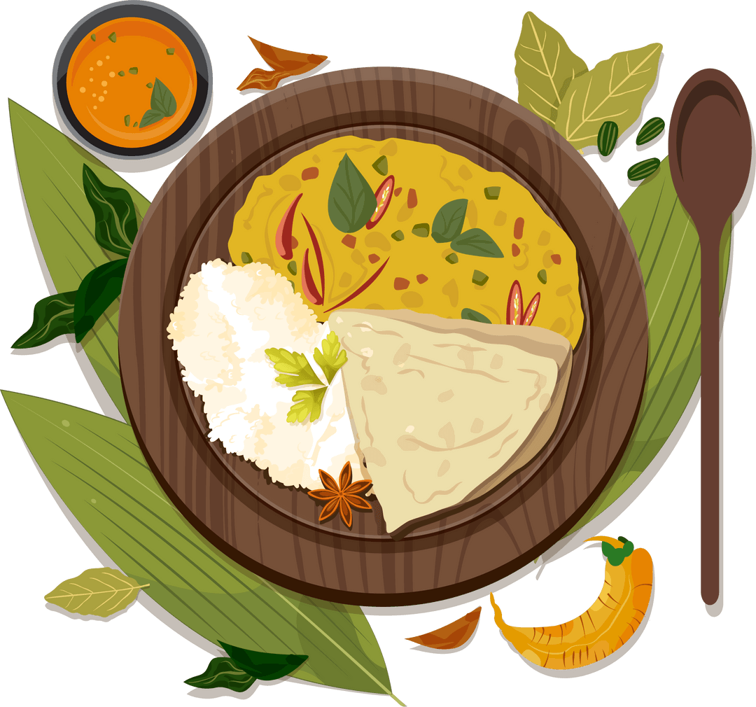 Traditional Dish with Lentil Curry, Rice and Roti on Transparent Background