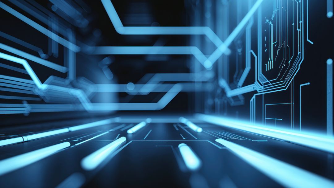 Futuristic Neon Blue Digital Circuitry with Reflective Surface