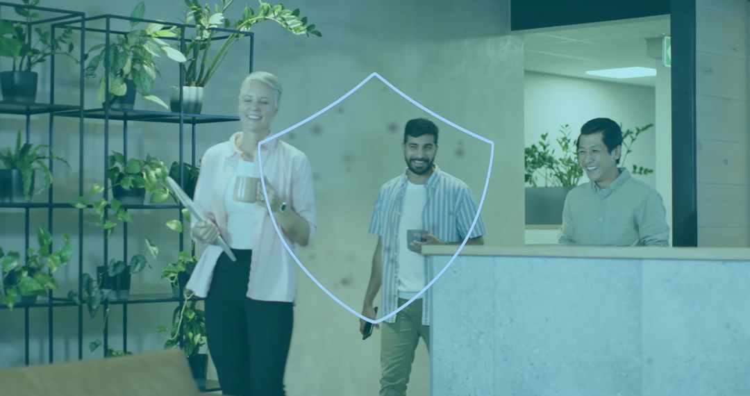 Corporate Professionals Walking and Networking in Modern Office Lobby
