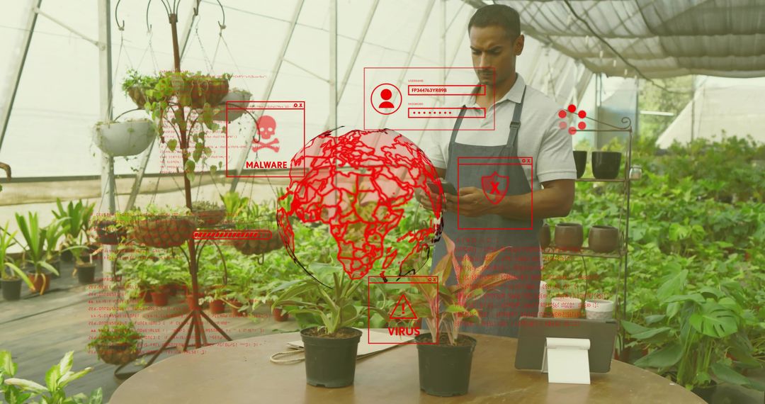 Greenhouse Gardener Checking Smartphone with Cybersecurity Overlay for Smart Horticulture