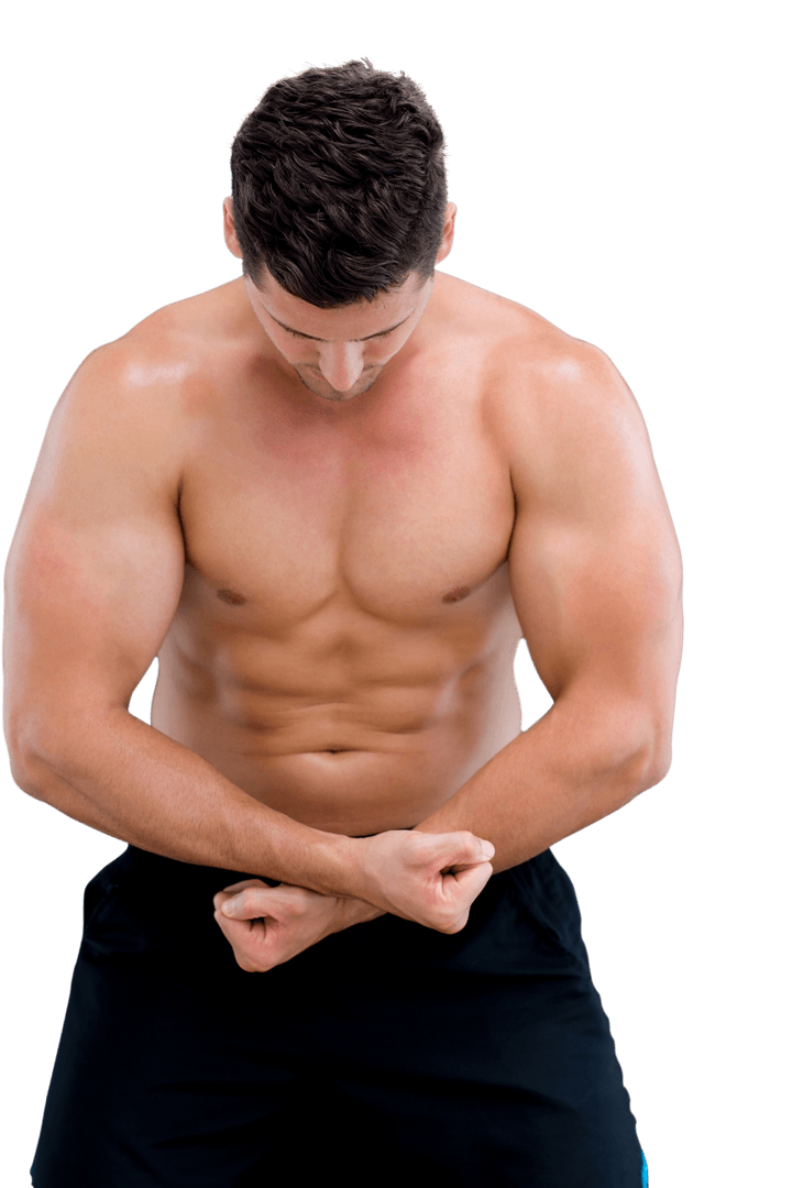 Biracial Sportsman Flexing Muscles on Transparent Background