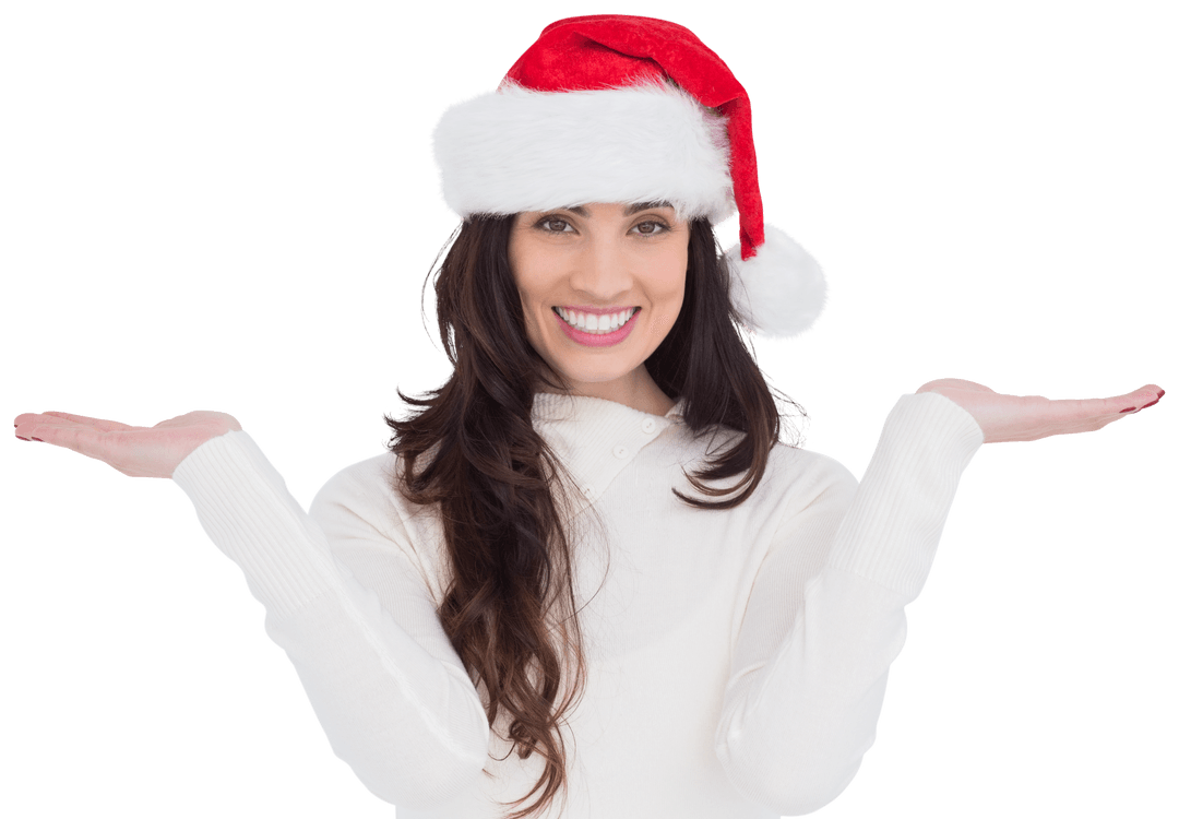 Transparent Smiling Woman in Santa Hat with Outstretched Hands