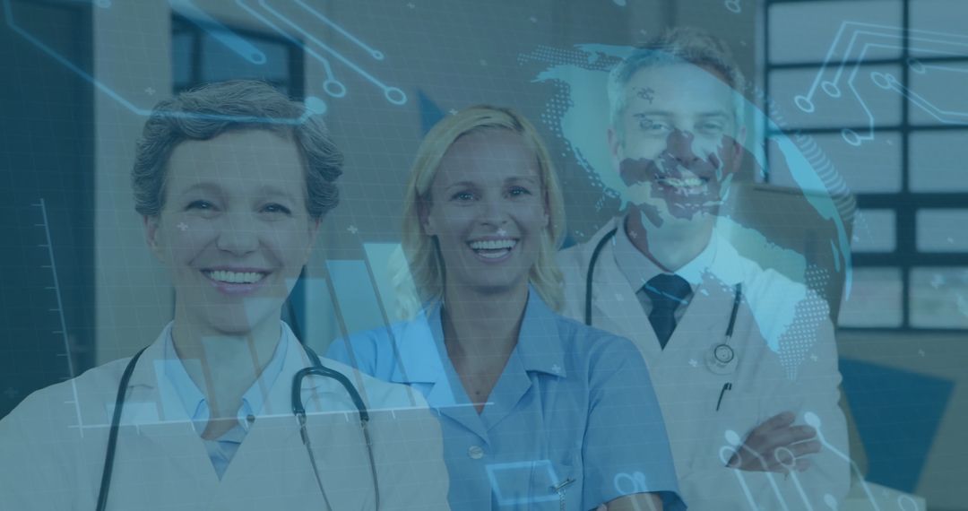 Smiling Medical Professionals with Digital Data Overlay