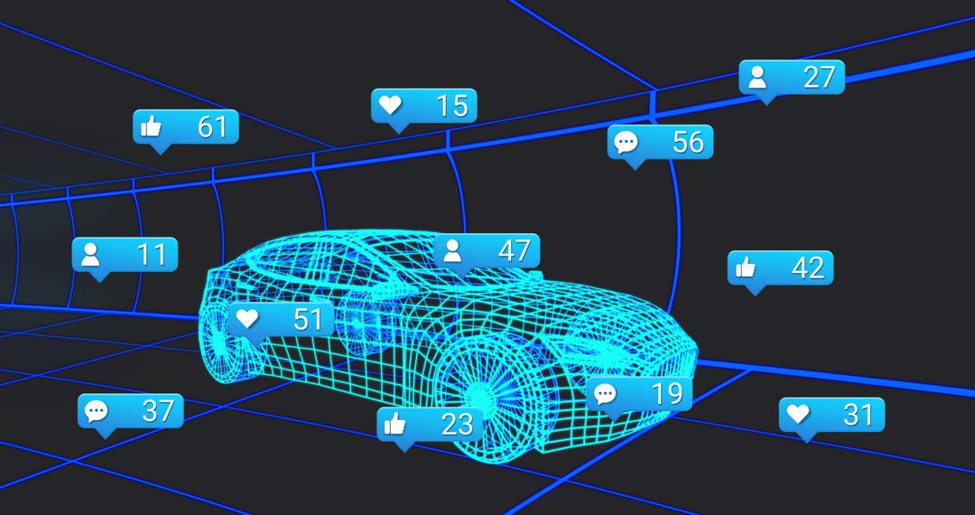 3D Sedan Wireframe with Social Media Engagement Icons in Futuristic Grid
