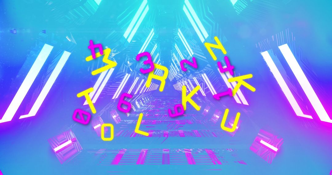 Neon Letters and Numbers in Futuristic Tunnel
