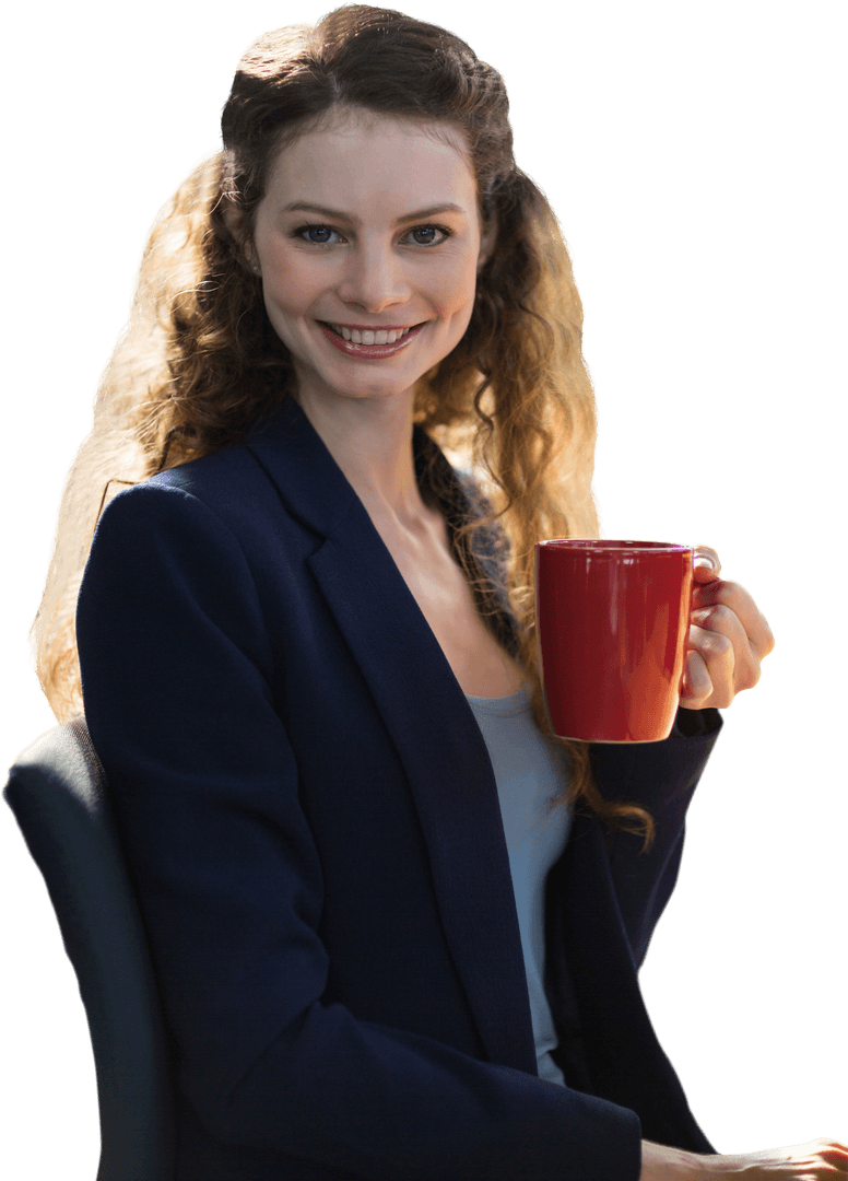 Businesswoman Relaxing with Red Coffee Cup on Transparent Background