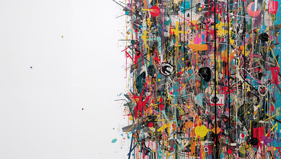 Vibrant Abstract Mural with Dense Paint Drips, Right-Side Composition and Geometric Color Layers