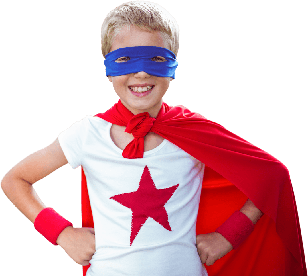 Happy Child in Red Cape and Blue Mask - Transparent Background
