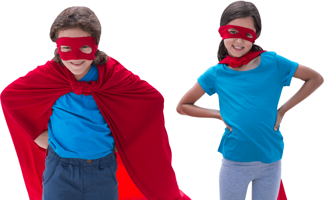 Playful Siblings Wearing Transparent Superhero Capes and Masks
