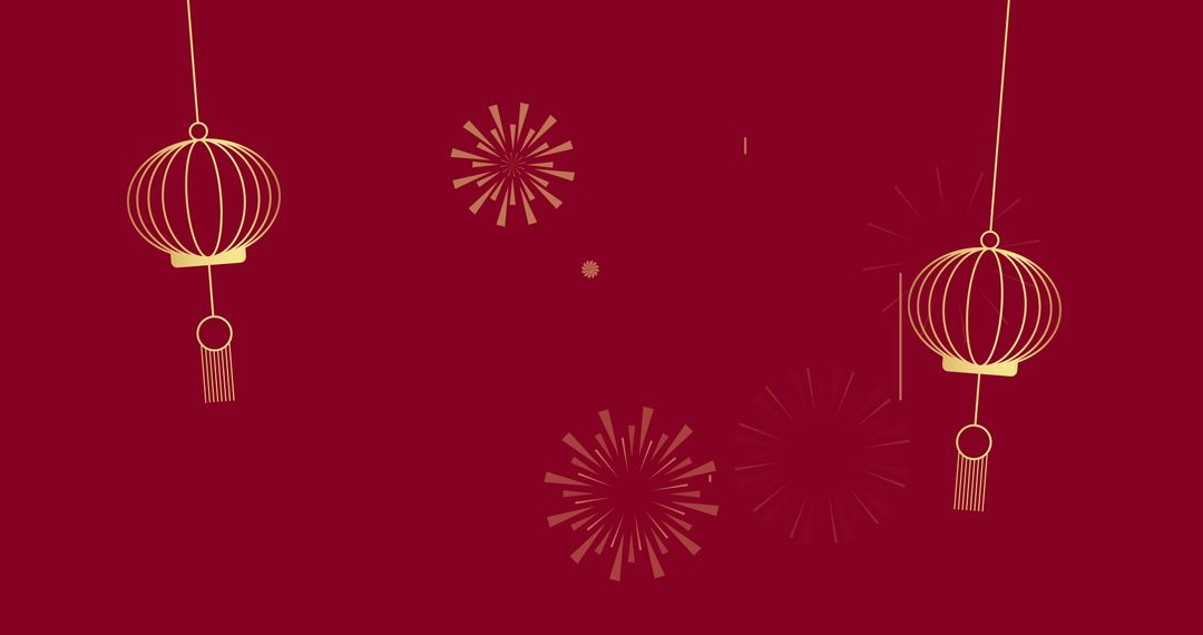 Traditional Chinese Lanterns and Fireworks on Red Background