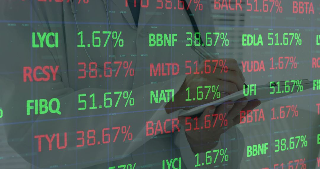 Businesswoman analyzing stock market data on tablet with ticker overlay for trading