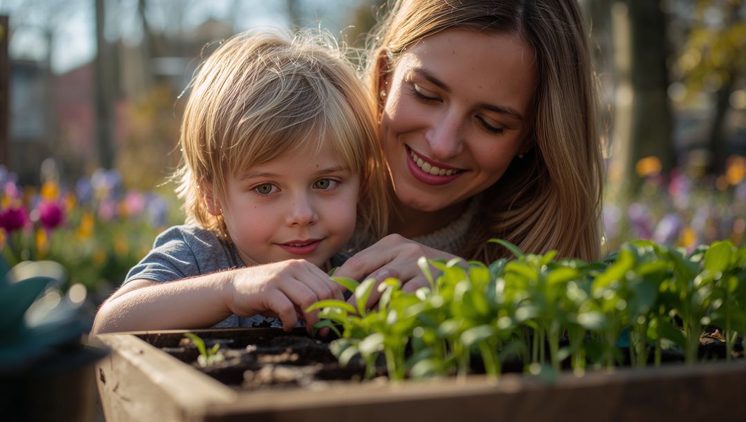 Mother and Child Nurturing Seedlings Together in Garden