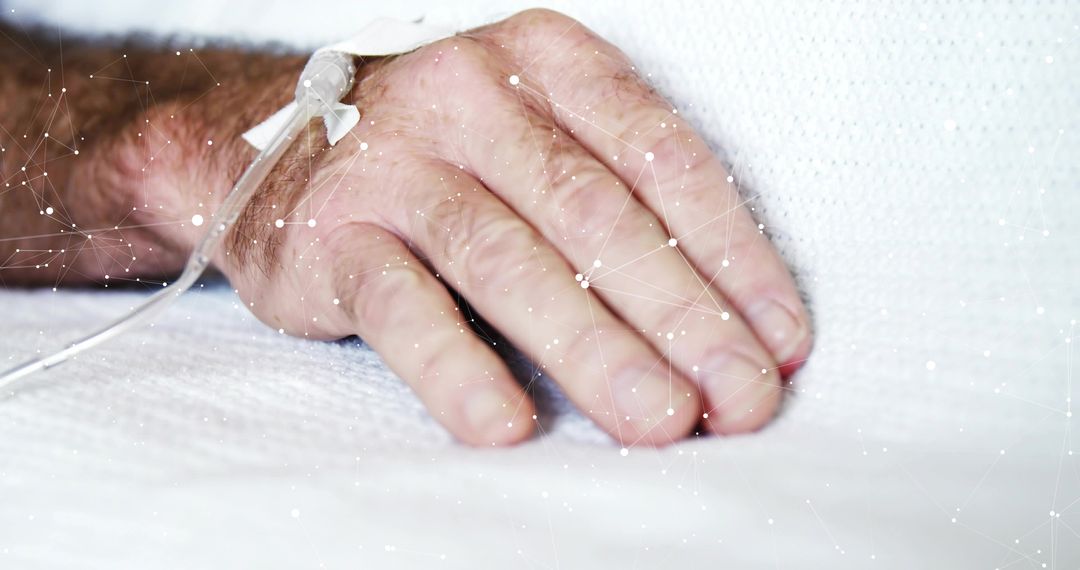 Senior patient hand resting on hospital bed with IV catheter and digital health network overlay