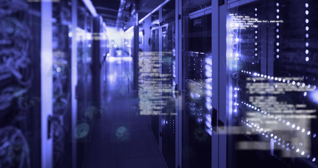 Futuristic Server Room with Digital Overlay