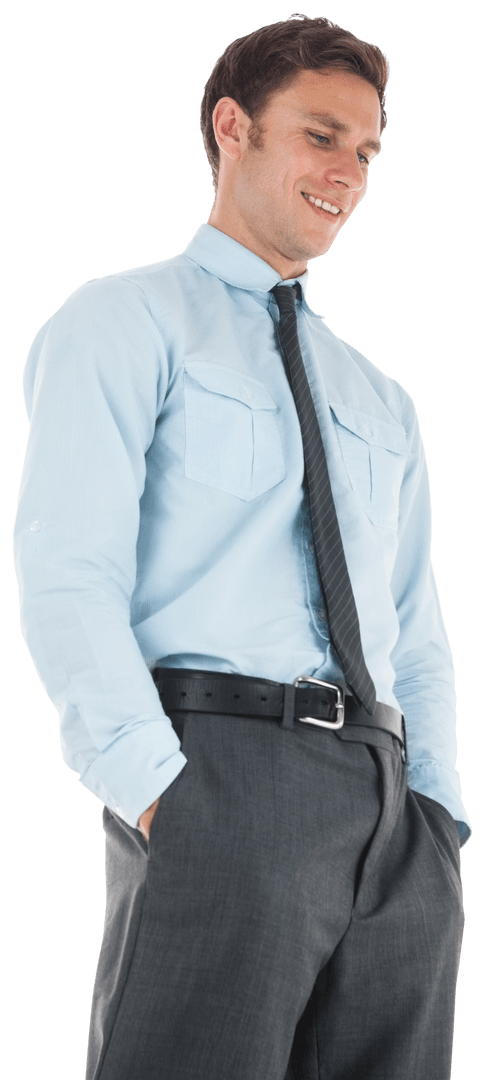 Transparent Smiling Businessman in Formal Attire with Pocketed Hand